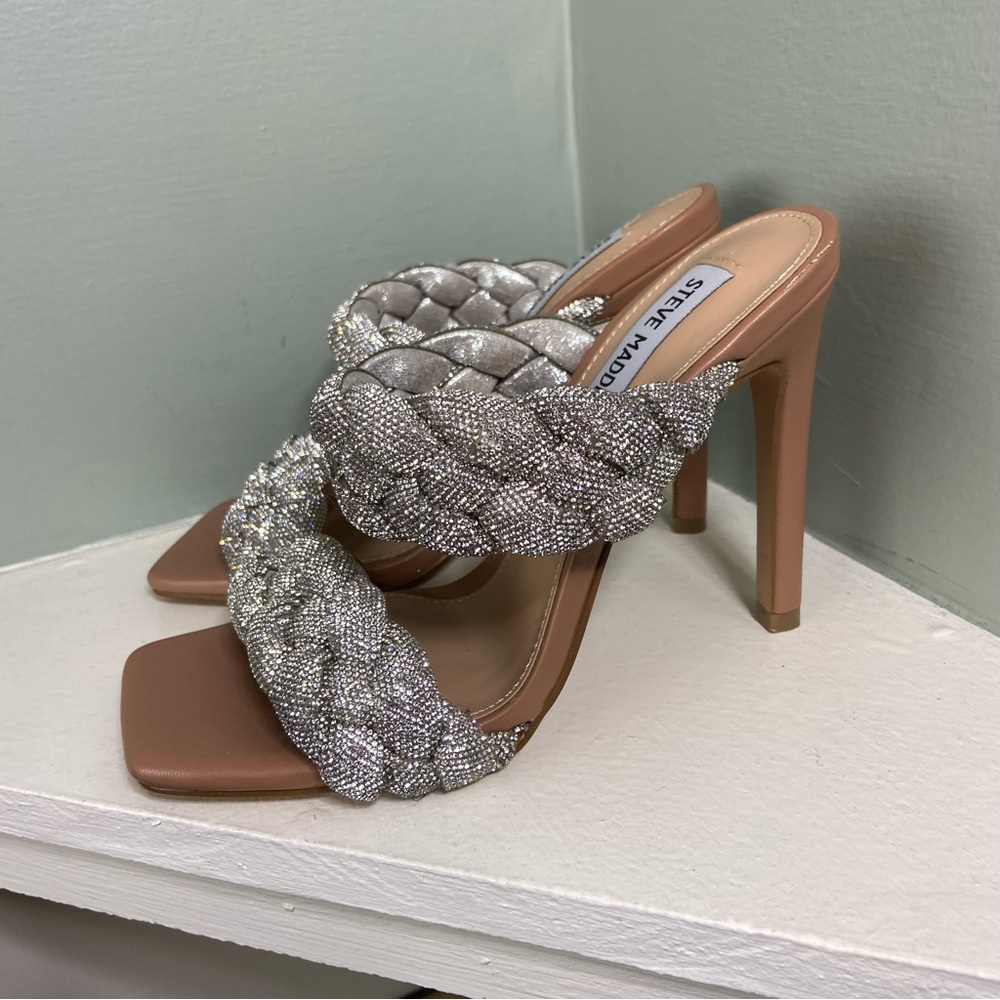 Steve Madden 6 Kenley Rhinestone Silver Braided High Heels Stiletto Sandals